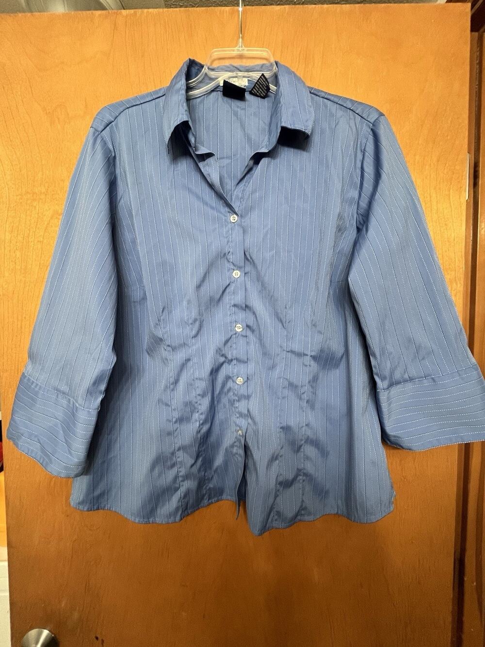 DCC Blue/wht Stripe Collared Button-Front Stretch Blouse 3/4 Sleeve 1X